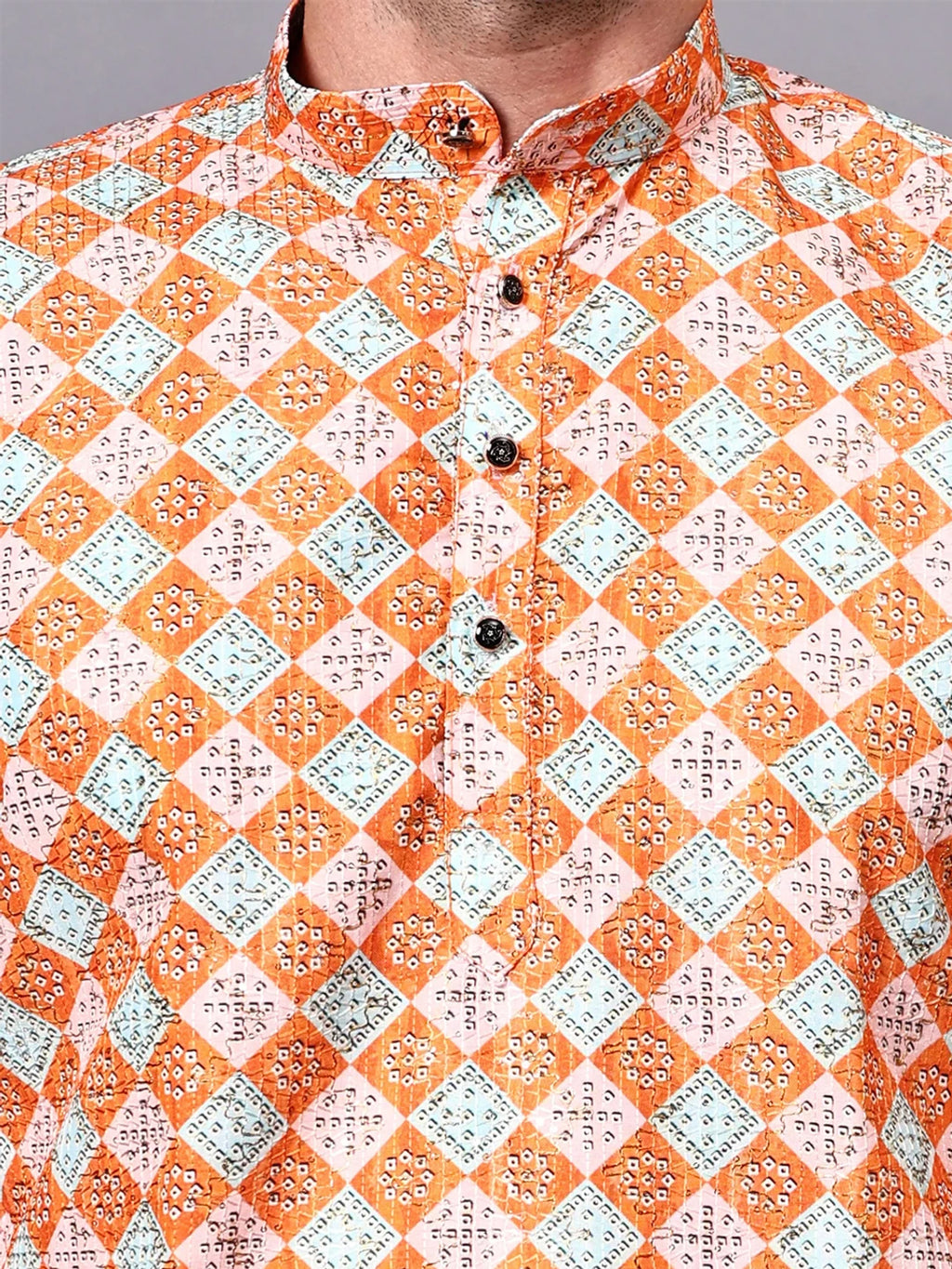 RAY LIGHT Men's Premium Crochet Fabric Geometric Long Kurta – Light Orange