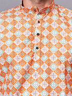 RAY LIGHT Men's Premium Crochet Fabric Geometric Long Kurta – Light Orange