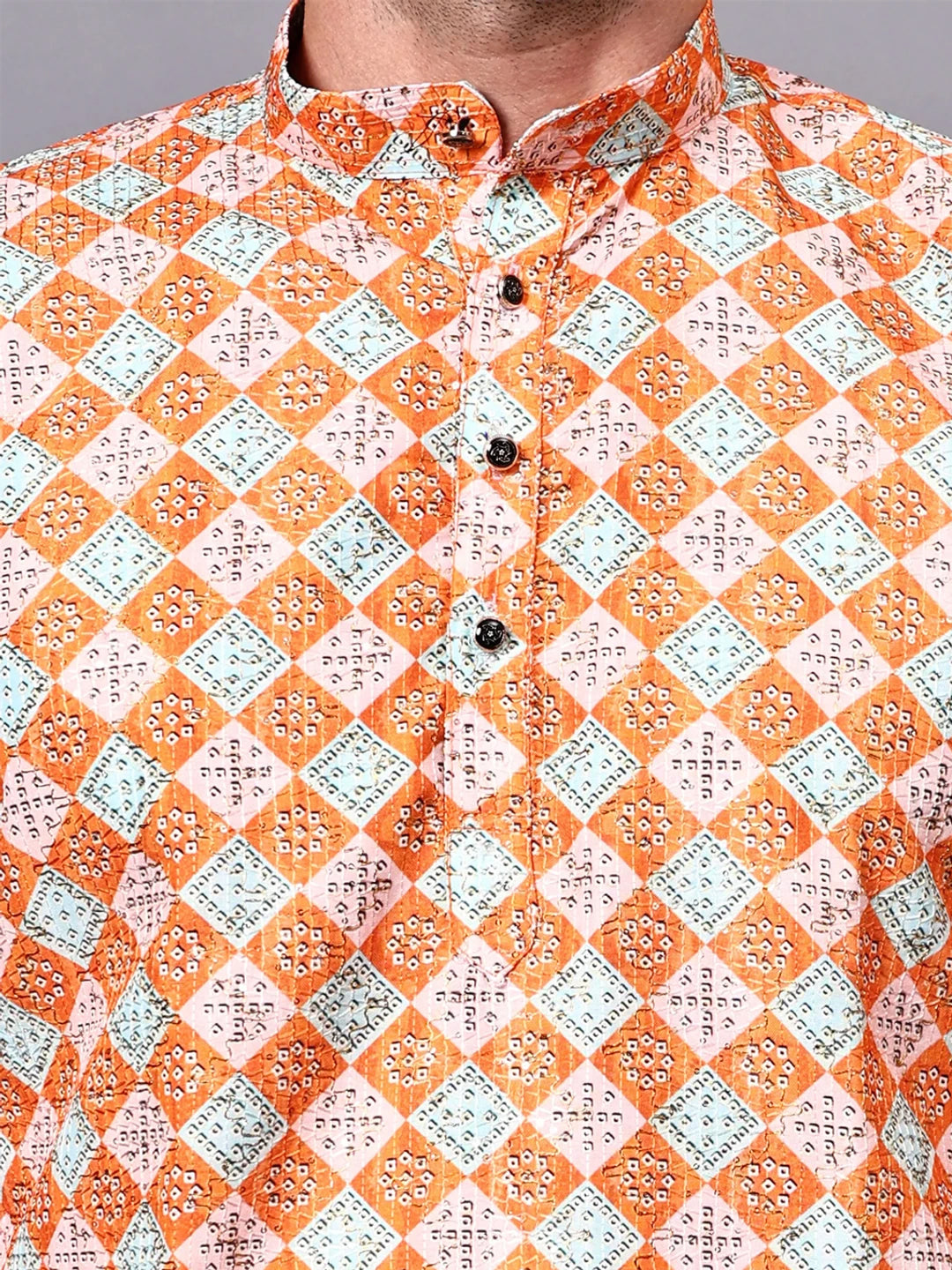 RAY LIGHT Men's Premium Crochet Fabric Geometric Long Kurta – Light Orange