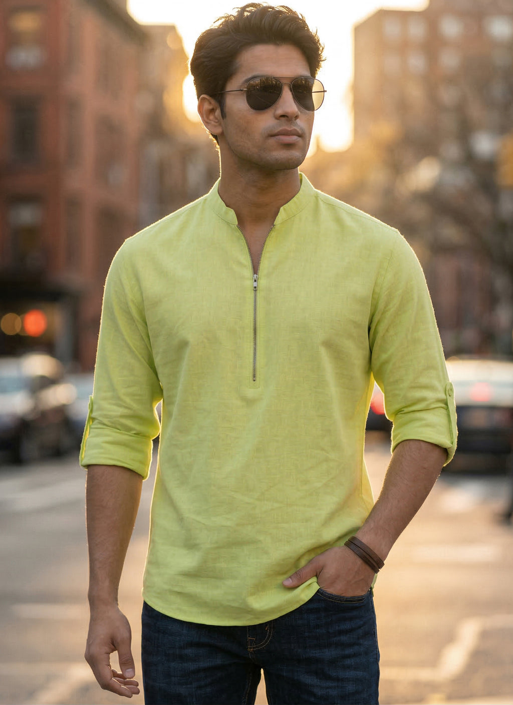 RAY LIGHT Men’s Light Orange Relaxed Cotton Zipper Kurta