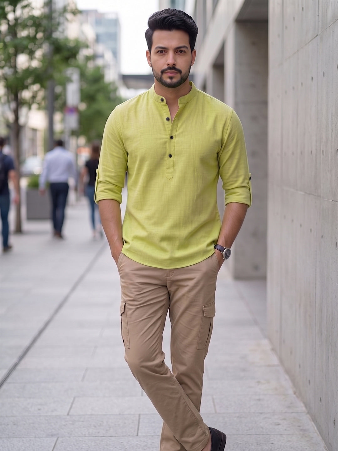 RAY LIGHT Men's Urban Fusion 100% Cotton Solid Short Kurta – Mandarin Collar with Roll-Up Sleeves