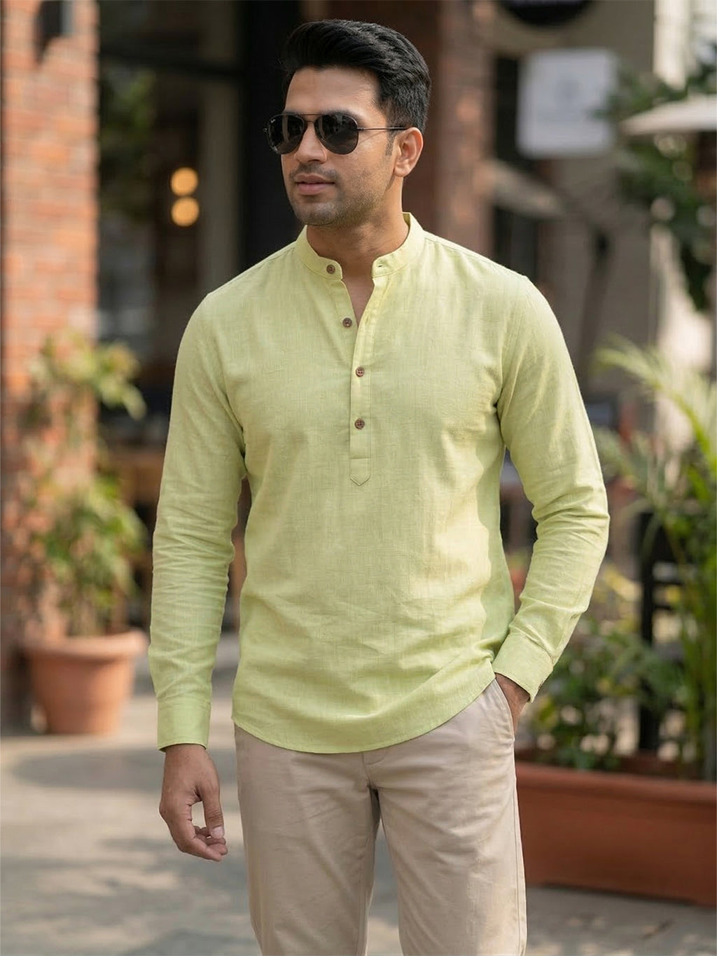 RAY LIGHT Men's Light Orange 100% Cotton Solid Short Kurta – Mandarin Collar with Versatile Roll-Up Sleeves