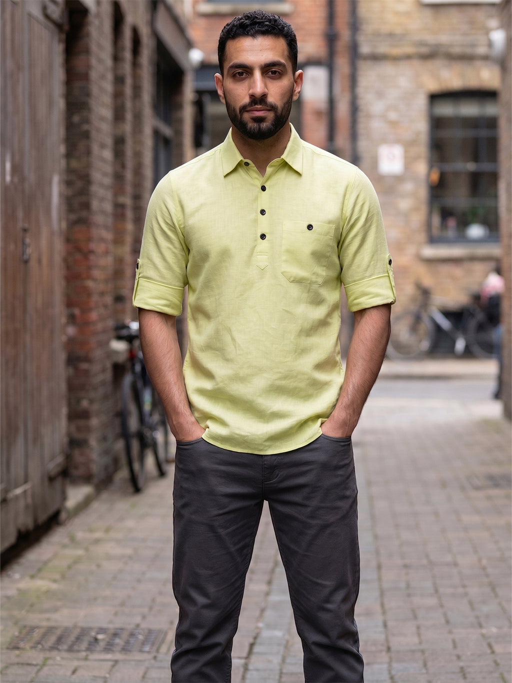 RAY LIGHT Men's Essential Solid Cotton Short Kurta – Mint Green with Roll-Up Sleeves