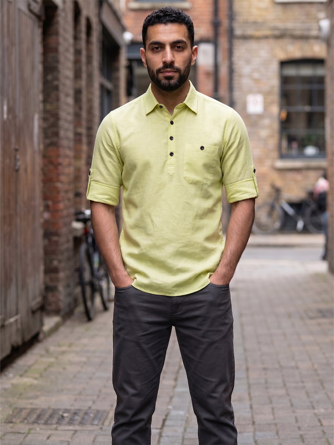 RAY LIGHT Men's Essential Solid Cotton Short Kurta – Mint Green with Roll-Up Sleeves