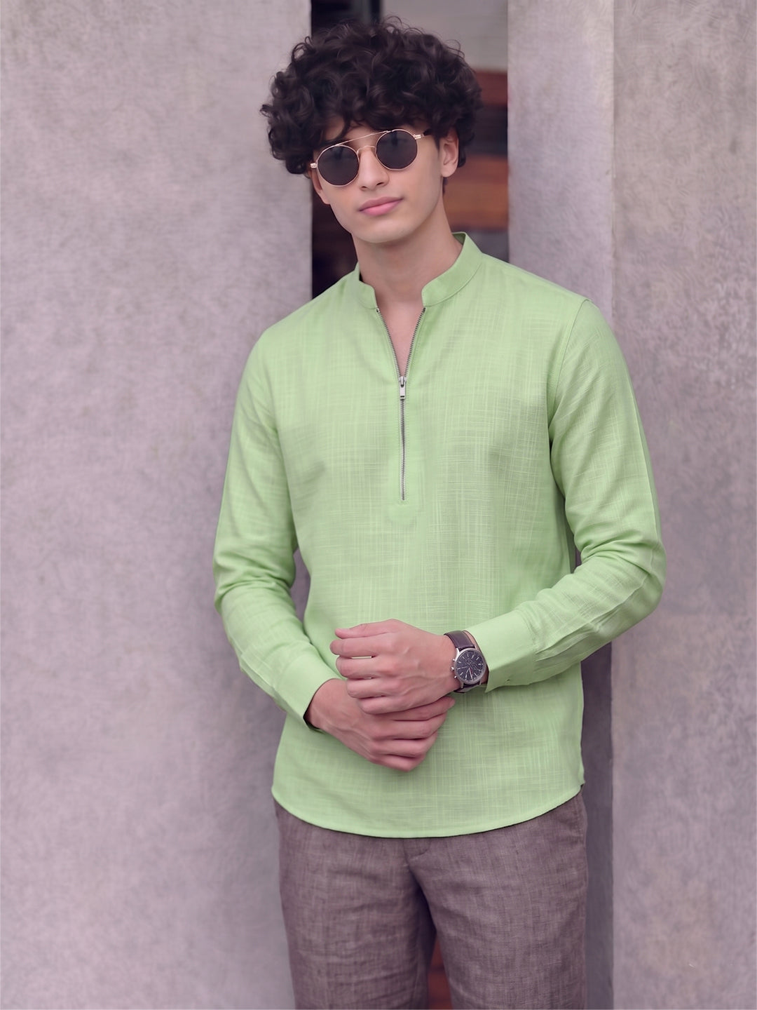 RAY LIGHT Men's Modern Zip-Neck Solid Cotton Short Kurta – Navy Blue