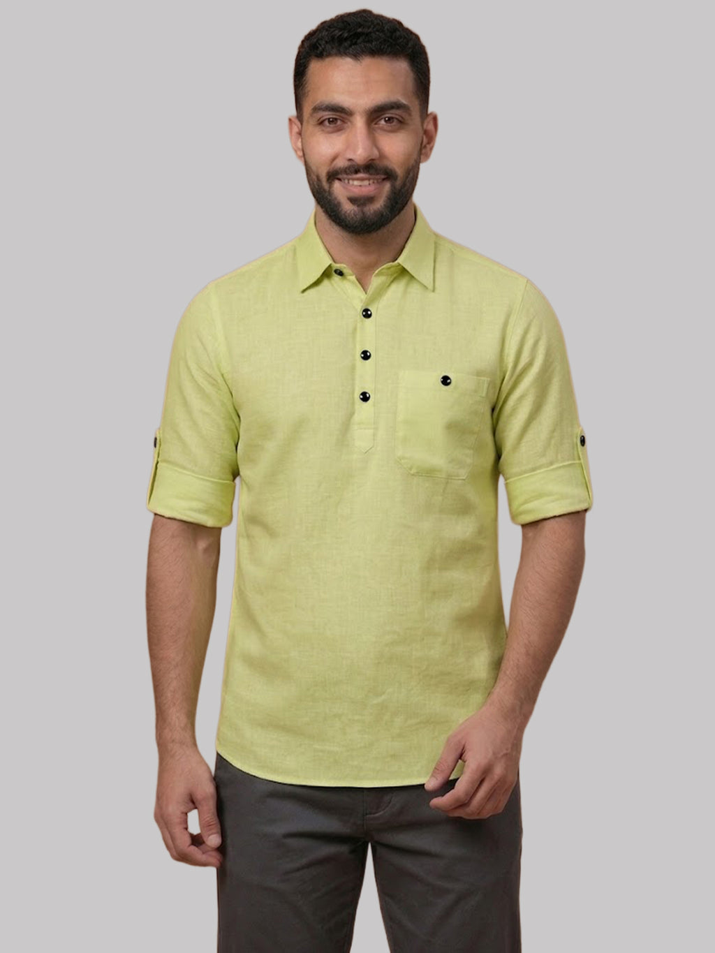 RAY LIGHT Men's Essential Solid Cotton Short Kurta – Mint Green with Roll-Up Sleeves