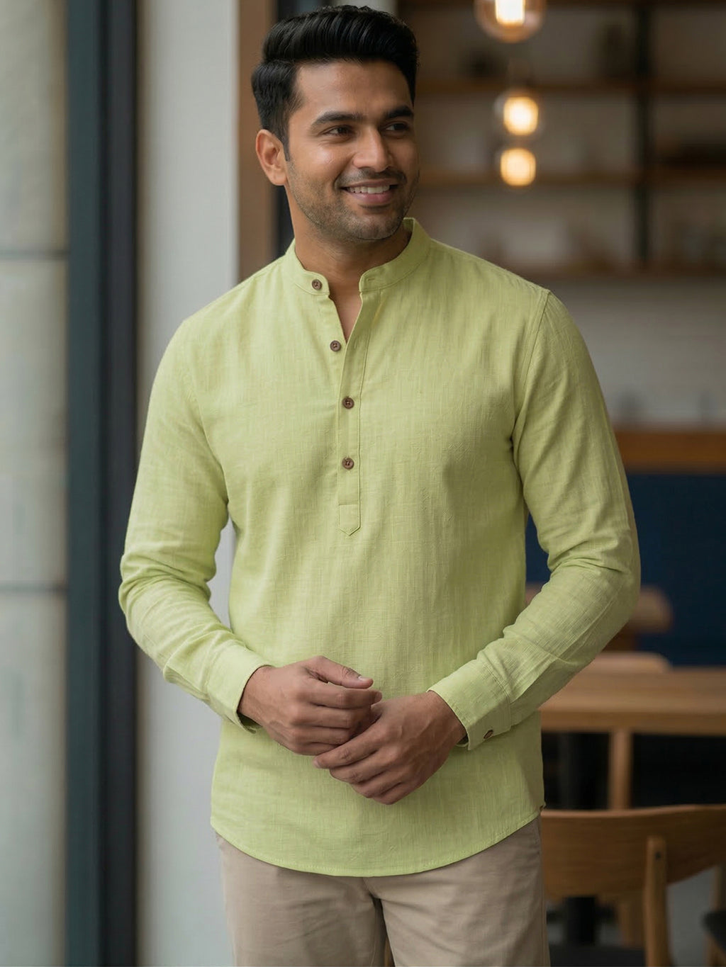 RAY LIGHT Men's Light Orange 100% Cotton Solid Short Kurta – Mandarin Collar with Versatile Roll-Up Sleeves