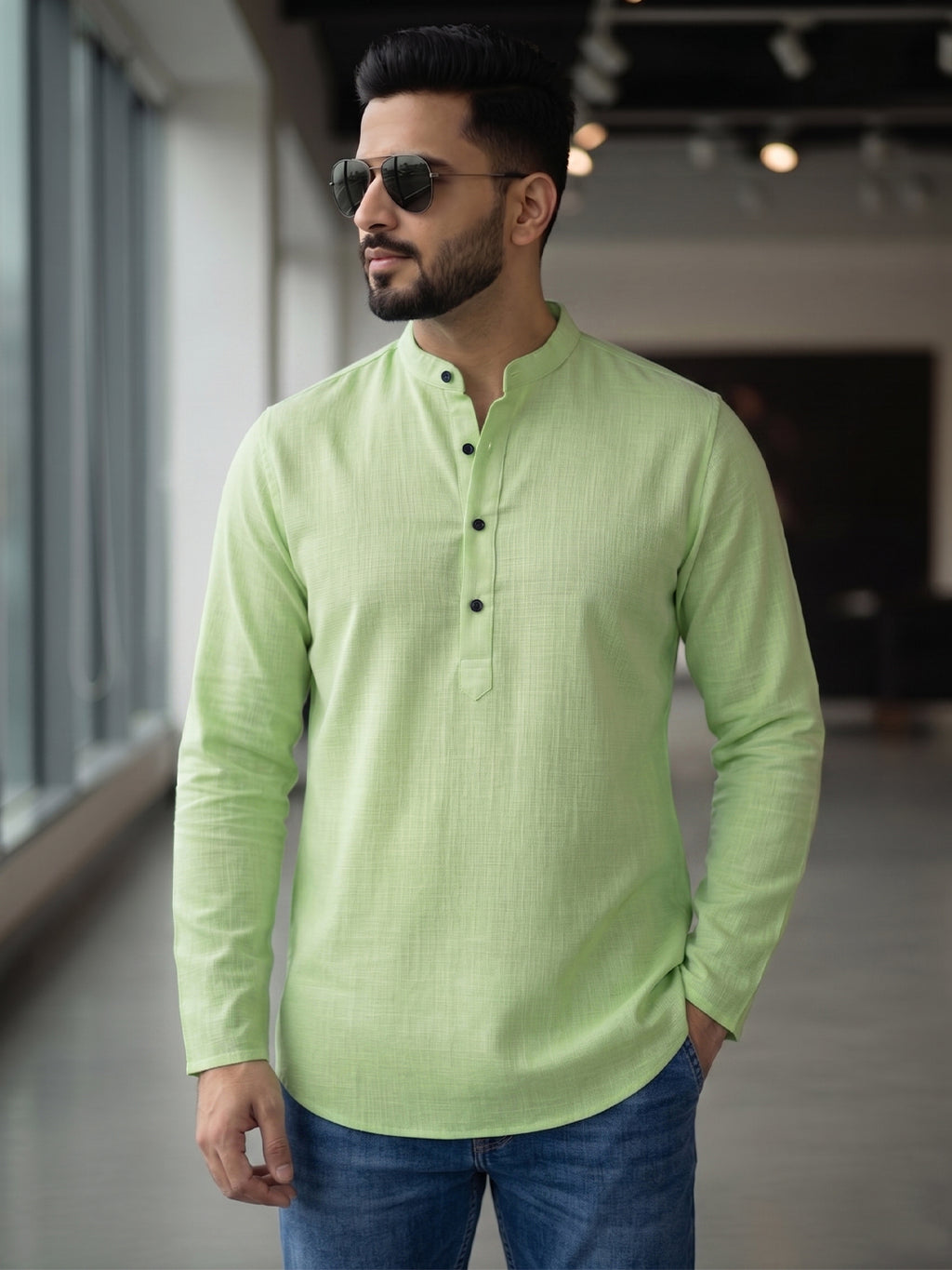 RAY LIGHT Men's Essential Solid Cotton Short Kurta – Soft Peach Orange with Cuffless Sleeves