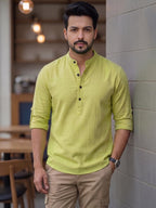 RAY LIGHT Men's Urban Fusion 100% Cotton Solid Short Kurta – Mandarin Collar with Roll-Up Sleeves