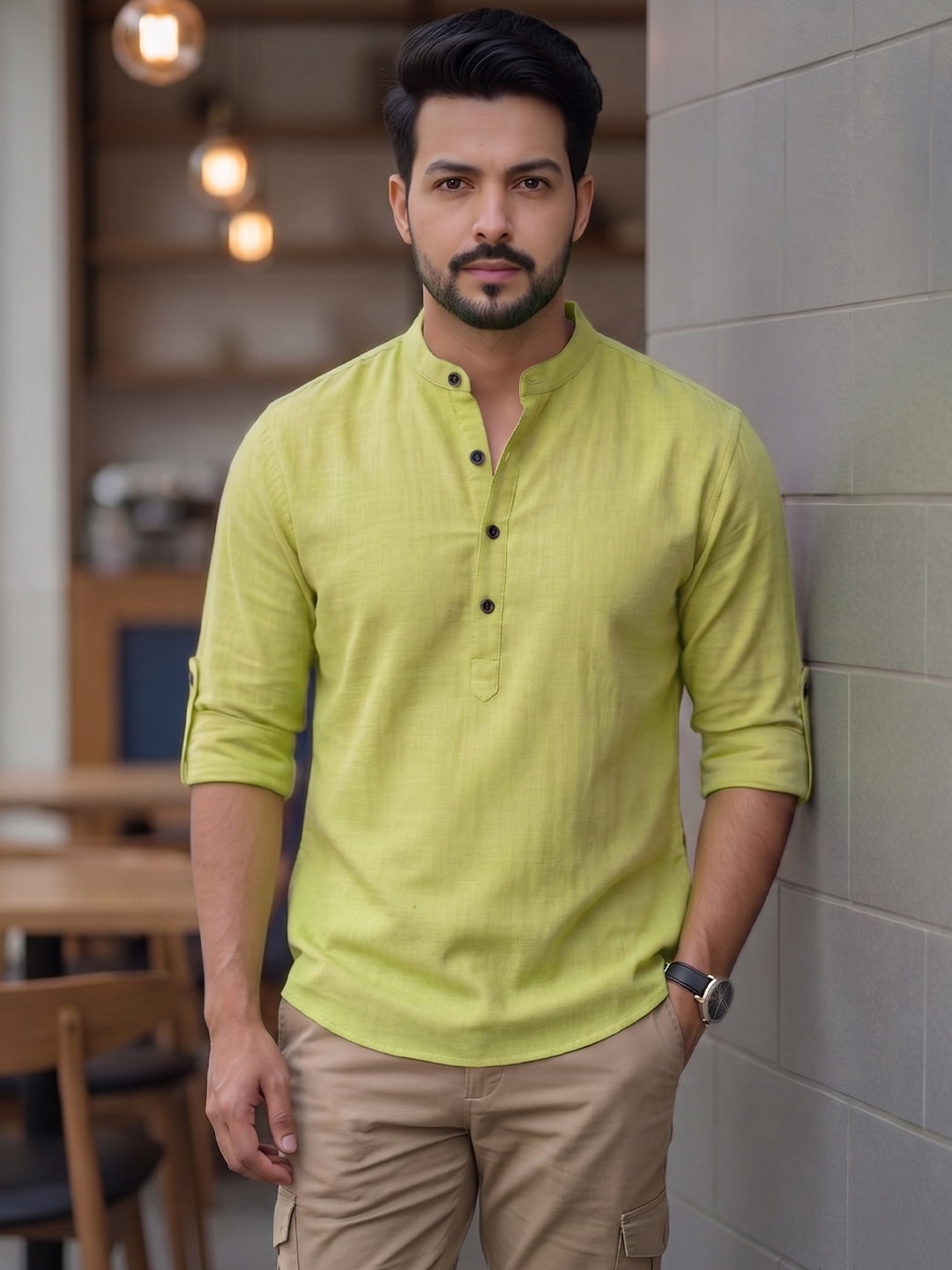 RAY LIGHT Men's Urban Fusion 100% Cotton Solid Short Kurta – Mandarin Collar with Roll-Up Sleeves