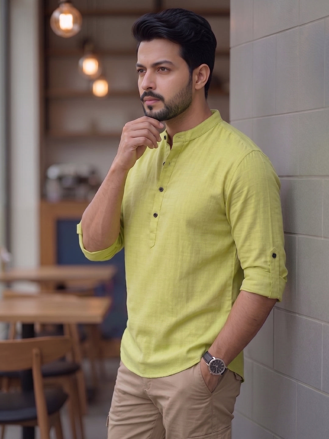 RAY LIGHT Men's Urban Fusion 100% Cotton Solid Short Kurta – Mandarin Collar with Roll-Up Sleeves