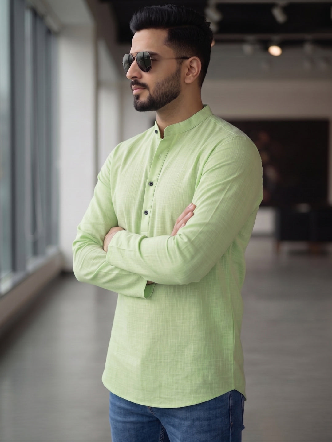RAY LIGHT Men's Essential Solid Cotton Short Kurta – Soft Peach Orange with Cuffless Sleeves