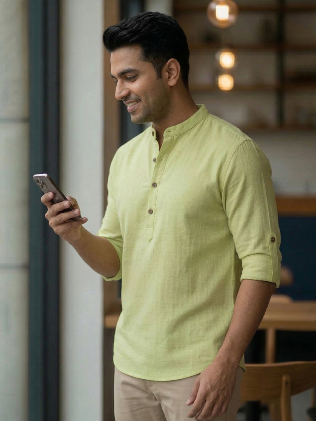 RAY LIGHT Men's Light Orange 100% Cotton Solid Short Kurta – Mandarin Collar with Versatile Roll-Up Sleeves