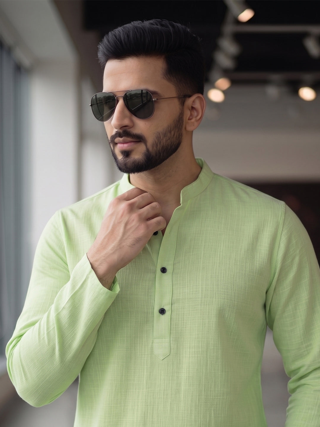 RAY LIGHT Men's Essential Solid Cotton Short Kurta – Soft Peach Orange with Cuffless Sleeves