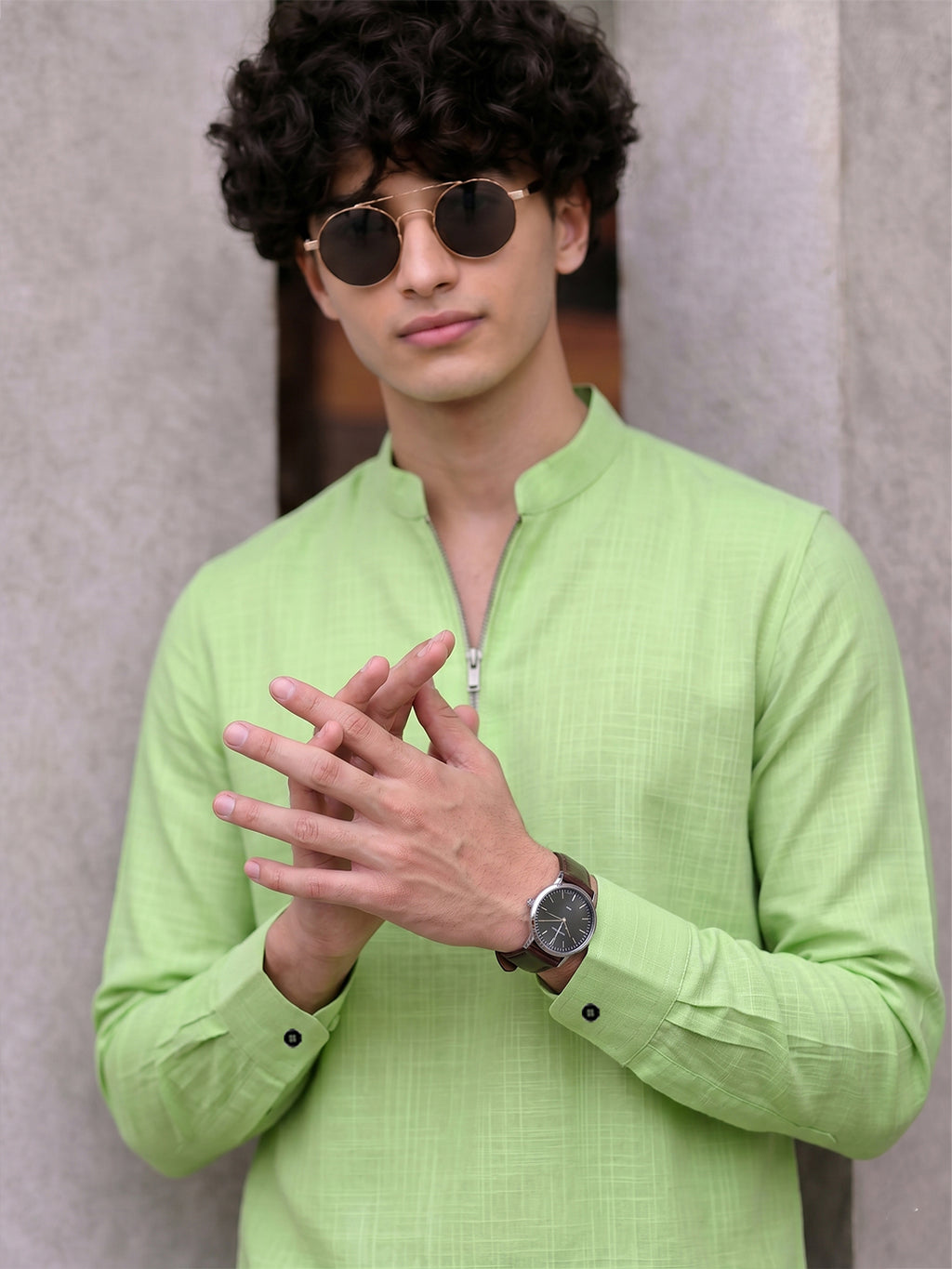 RAY LIGHT Men's Modern Zip-Neck Solid Cotton Short Kurta – Navy Blue