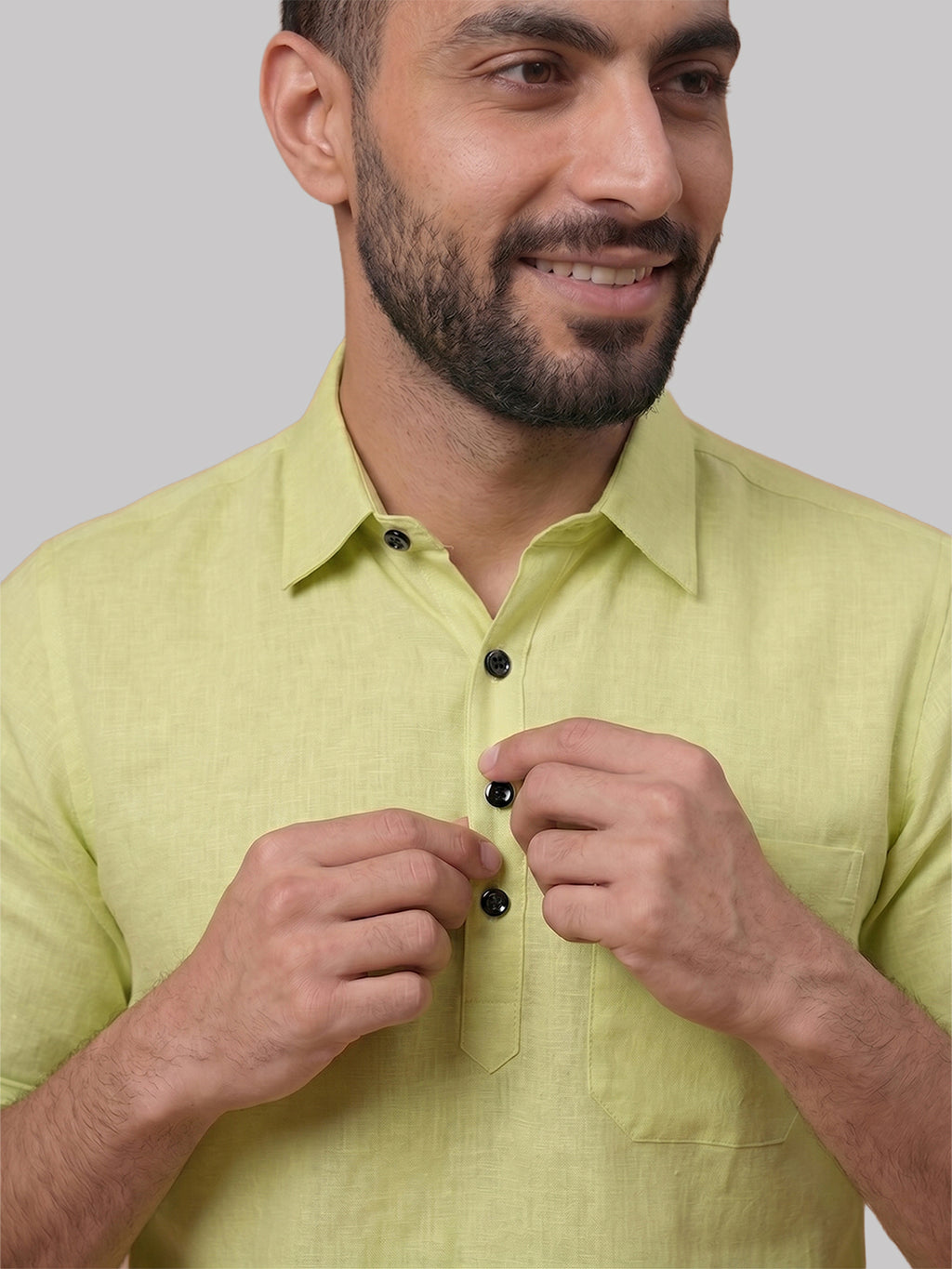 RAY LIGHT Men's Essential Solid Cotton Short Kurta – Mint Green with Roll-Up Sleeves