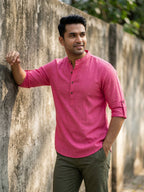 RAY LIGHT Men's Light Orange 100% Cotton Solid Short Kurta – Mandarin Collar with Versatile Roll-Up Sleeves