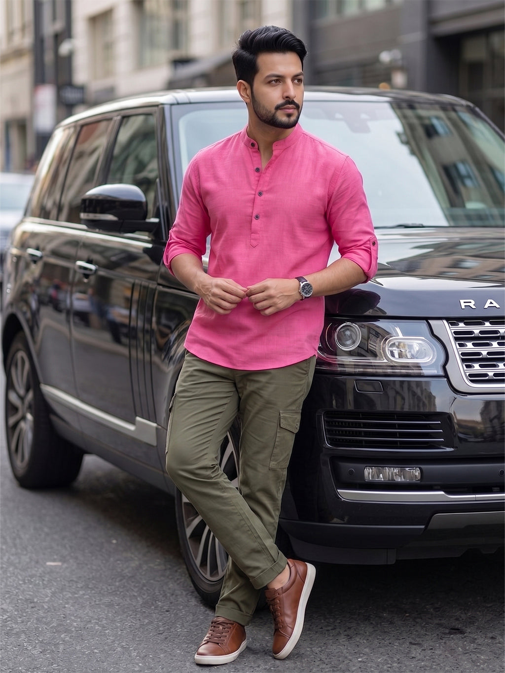 RAY LIGHT Men's Urban Fusion 100% Cotton Solid Short Kurta – Mandarin Collar with Roll-Up Sleeves