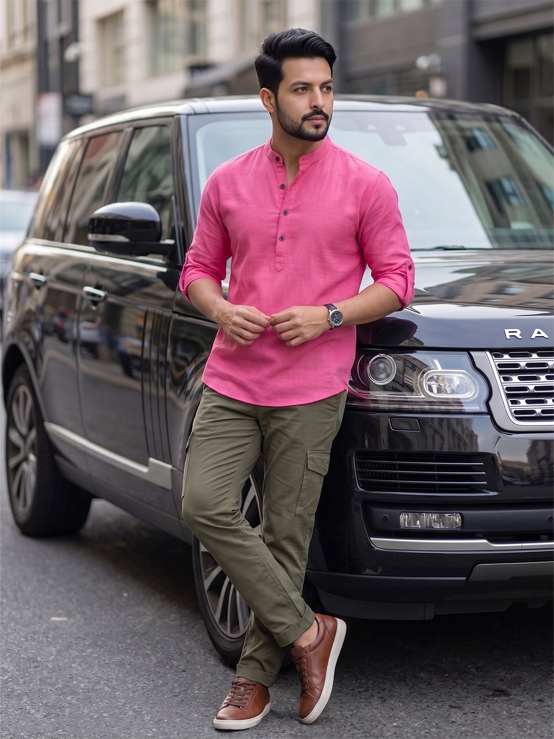 RAY LIGHT Men's Urban Fusion 100% Cotton Solid Short Kurta – Mandarin Collar with Roll-Up Sleeves
