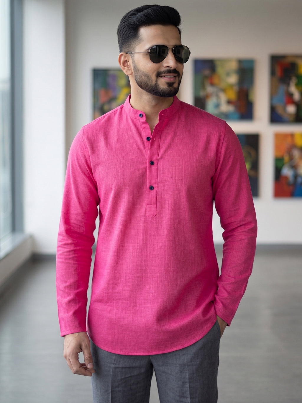 RAY LIGHT Men's Essential Solid Cotton Short Kurta – Soft Peach Orange with Cuffless Sleeves