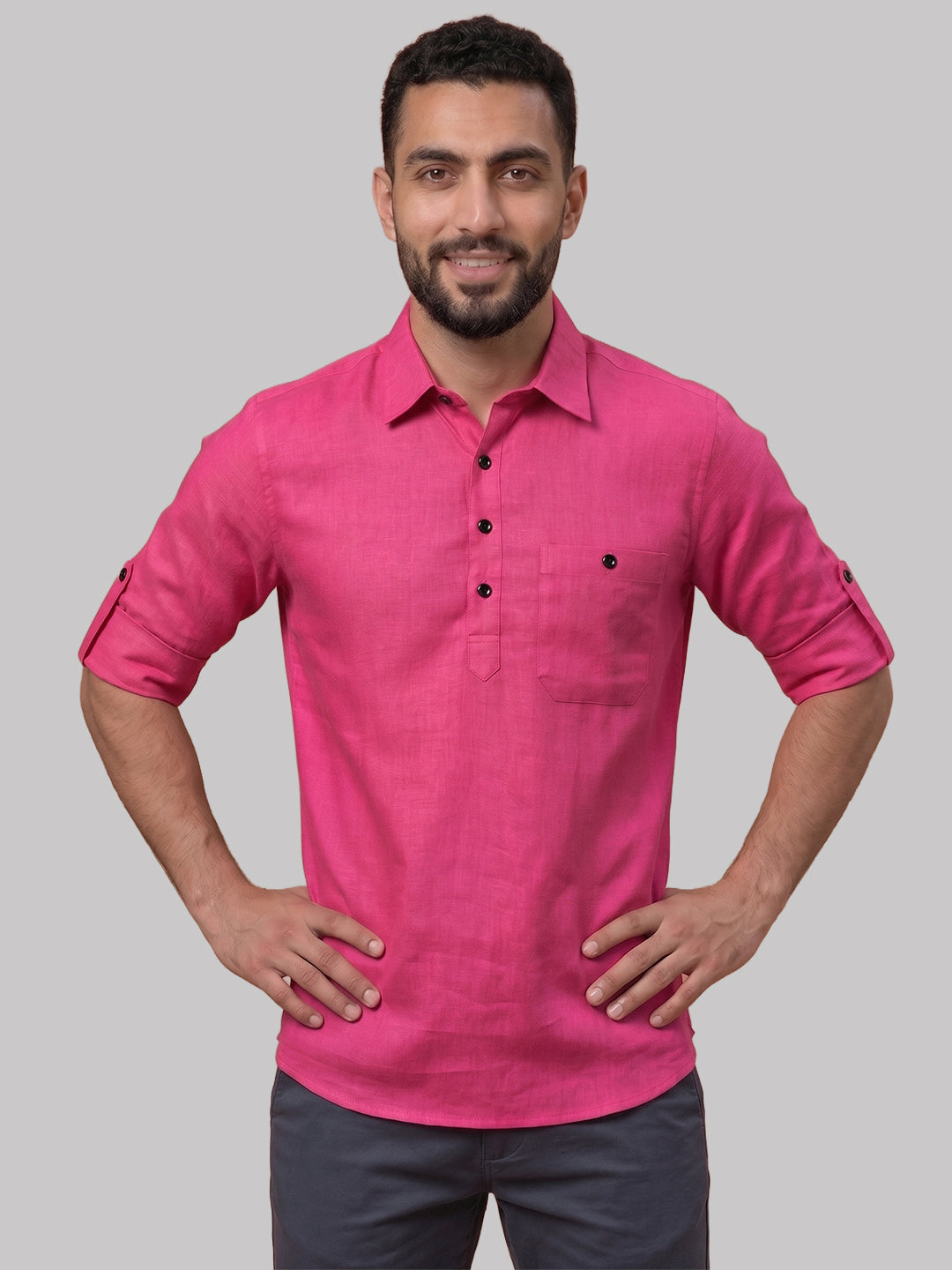 RAY LIGHT Men's Essential Solid Cotton Short Kurta – Mint Green with Roll-Up Sleeves