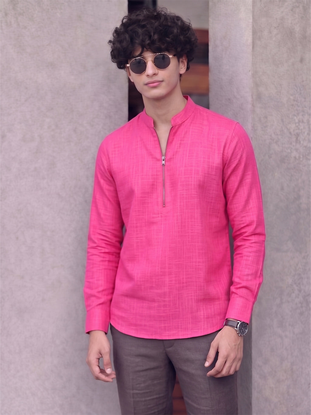 RAY LIGHT Men's Modern Zip-Neck Solid Cotton Short Kurta – Navy Blue
