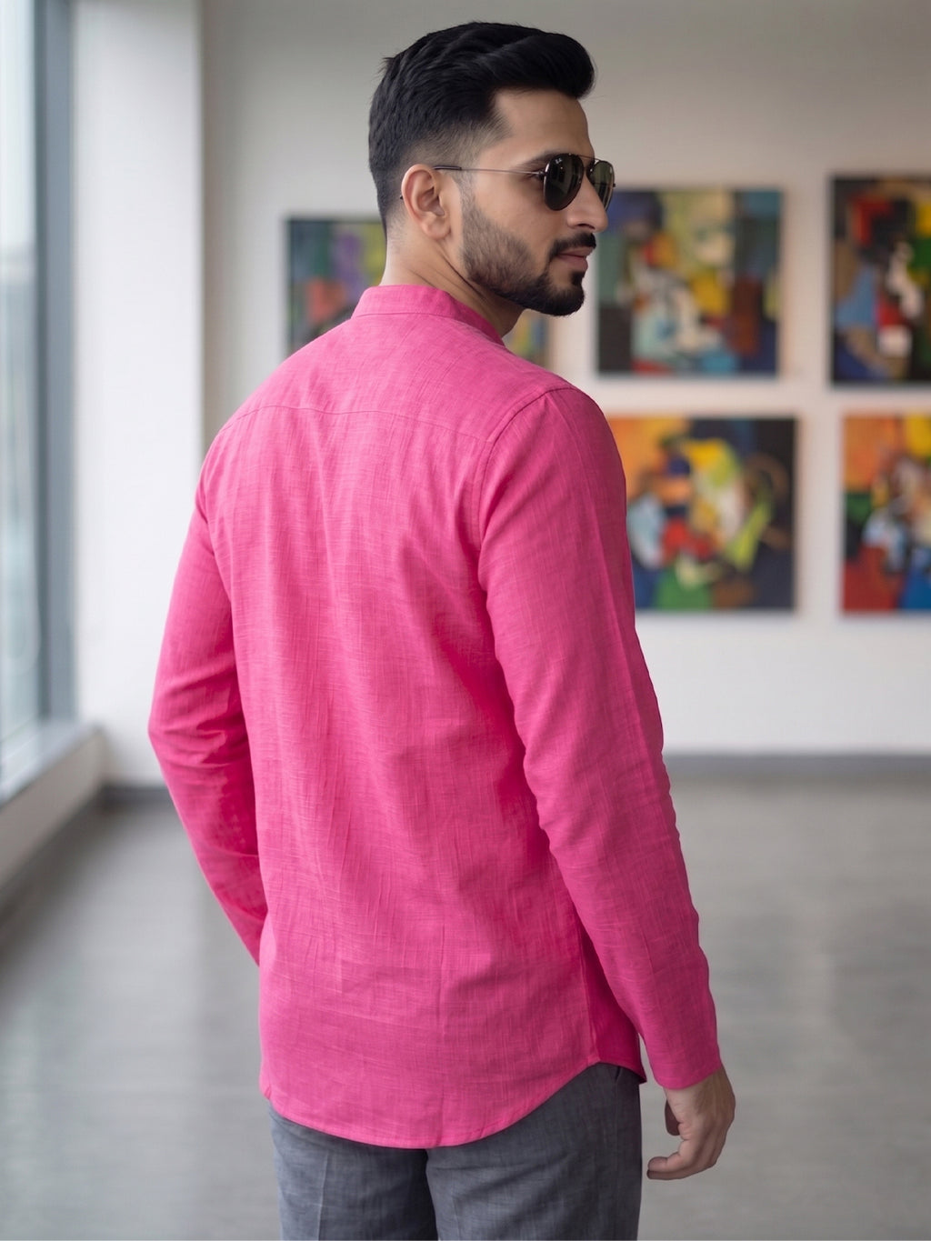 RAY LIGHT Men's Essential Solid Cotton Short Kurta – Soft Peach Orange with Cuffless Sleeves