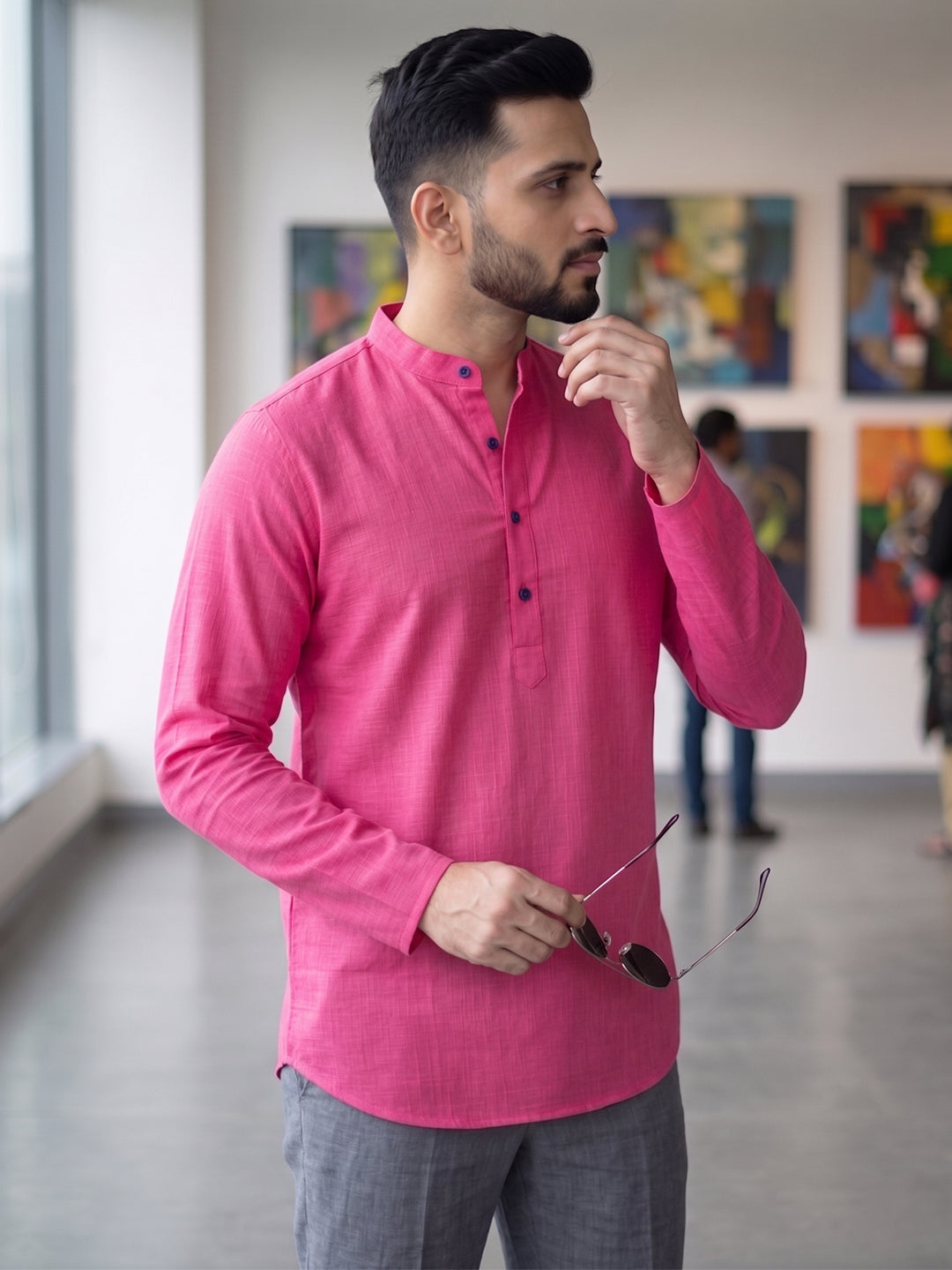 RAY LIGHT Men's Essential Solid Cotton Short Kurta – Soft Peach Orange with Cuffless Sleeves