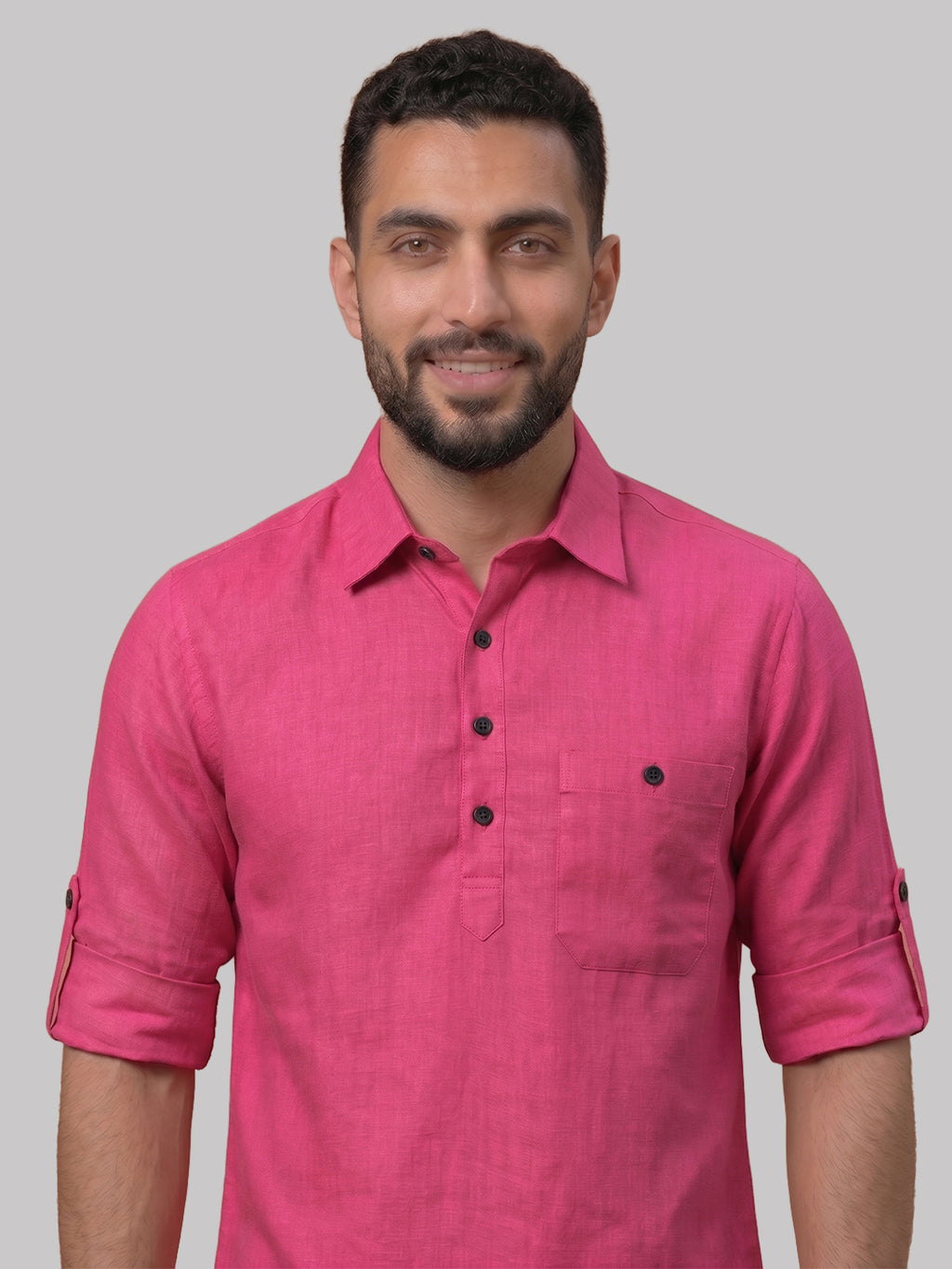 RAY LIGHT Men's Essential Solid Cotton Short Kurta – Mint Green with Roll-Up Sleeves