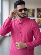 RAY LIGHT Men's Essential Solid Cotton Short Kurta – Soft Peach Orange with Cuffless Sleeves