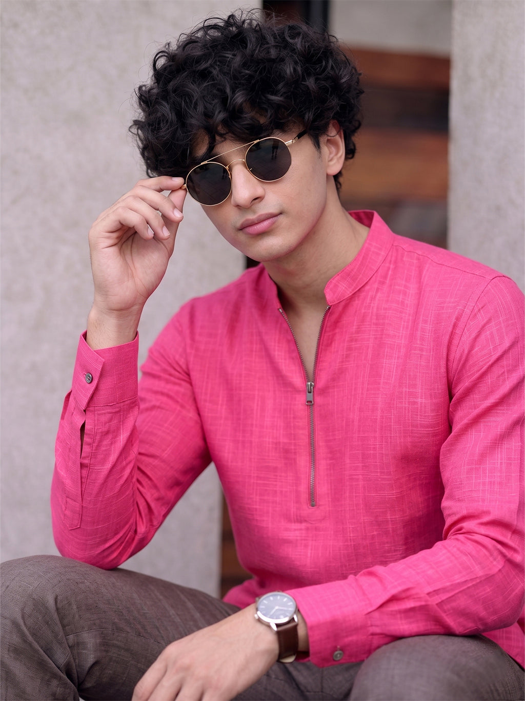 RAY LIGHT Men's Modern Zip-Neck Solid Cotton Short Kurta – Navy Blue