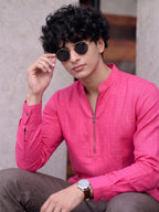 RAY LIGHT Men's Modern Zip-Neck Solid Cotton Short Kurta – Navy Blue