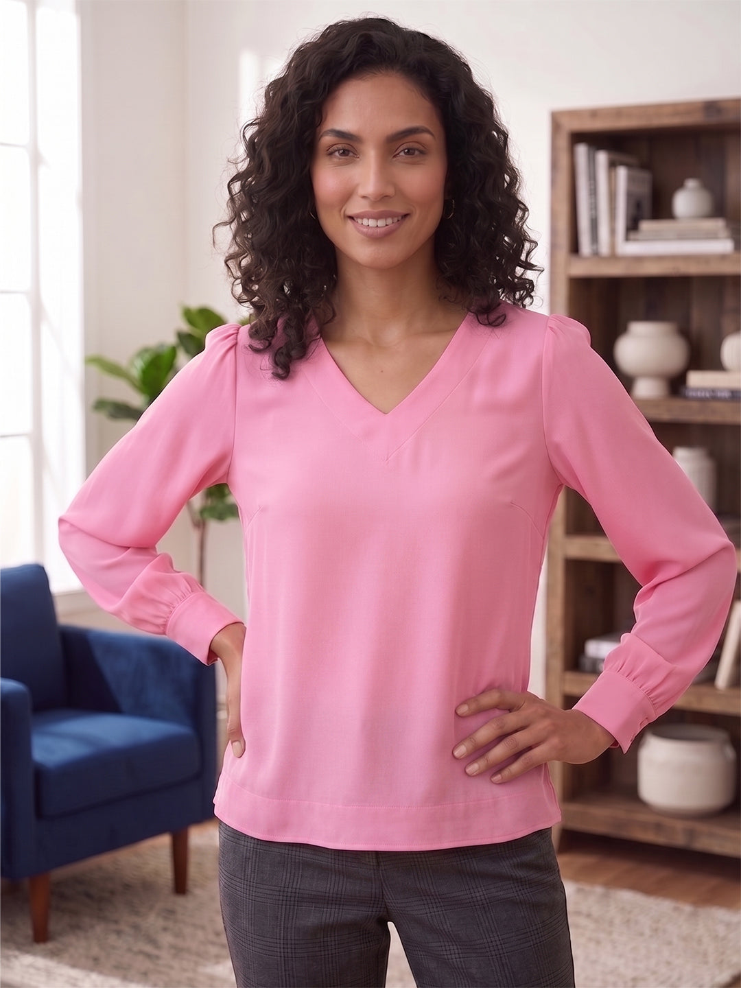 Ray Light Women’s Pink Solid Crepe Blouse with V-Neck & Full Sleeves Main image