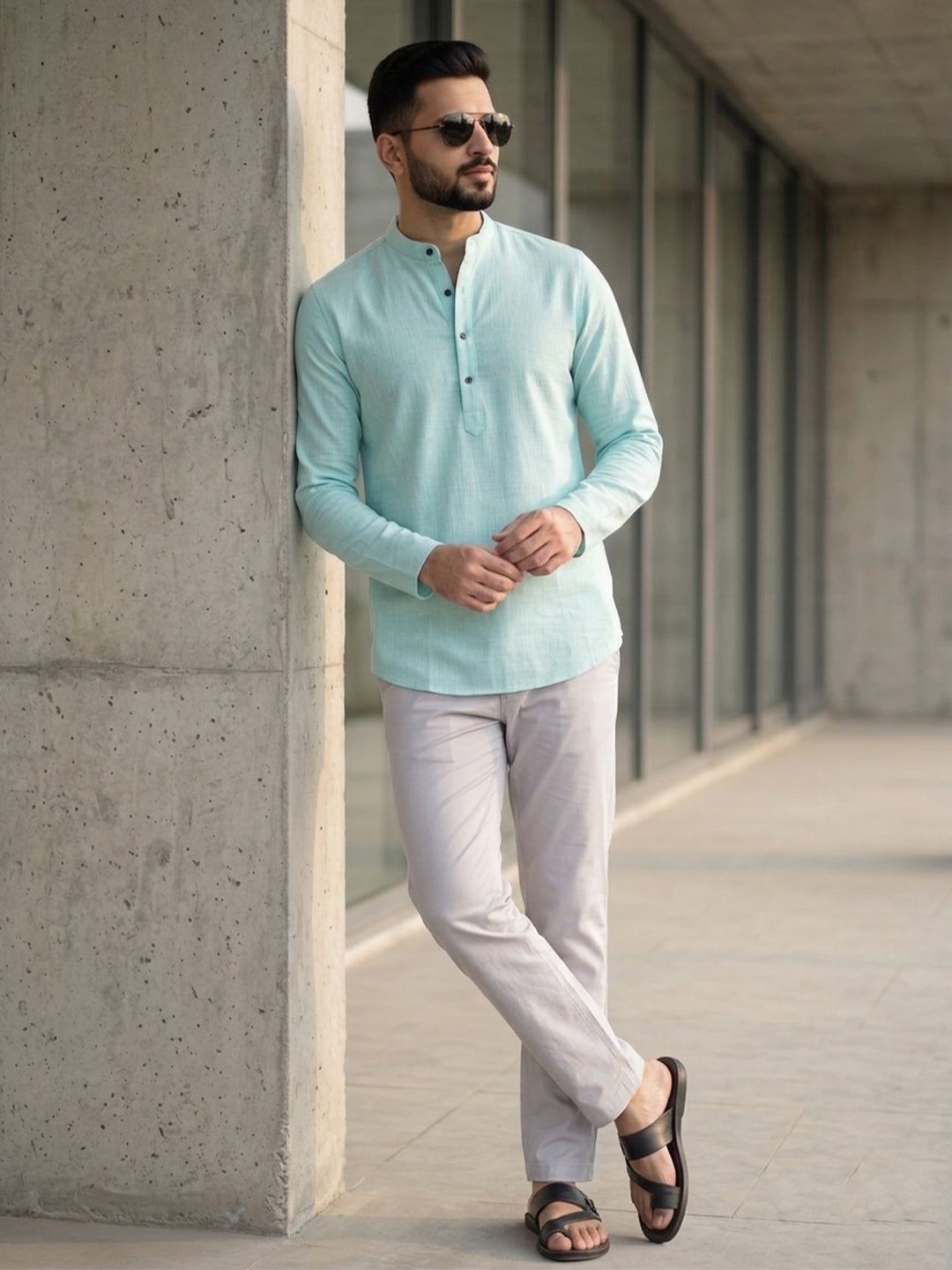 RAY LIGHT Men's Essential Solid Cotton Short Kurta – Soft Peach Orange with Cuffless Sleeves