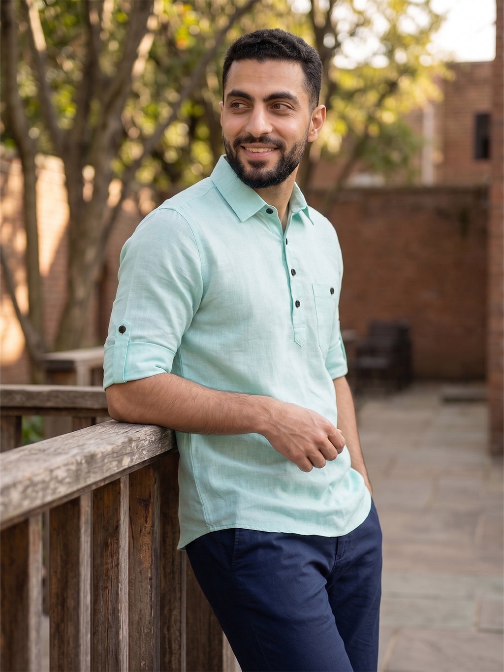 RAY LIGHT Men's Essential Solid Cotton Short Kurta – Mint Green with Roll-Up Sleeves