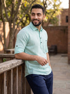 RAY LIGHT Men's Essential Solid Cotton Short Kurta – Mint Green with Roll-Up Sleeves