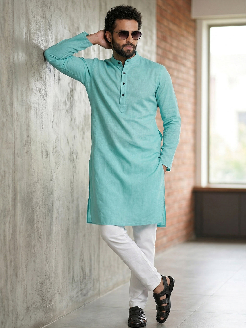 RAY LIGHT Men's Classic Solid Cotton Long Kurta – Dark Green with Dual Side Pockets