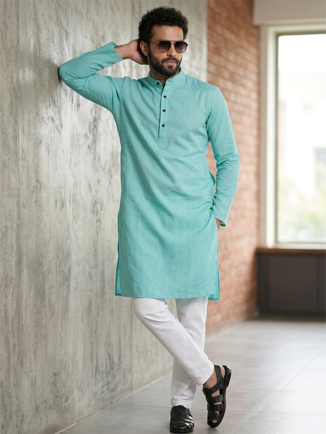 RAY LIGHT Men's Classic Solid Cotton Long Kurta – Dark Green with Dual Side Pockets