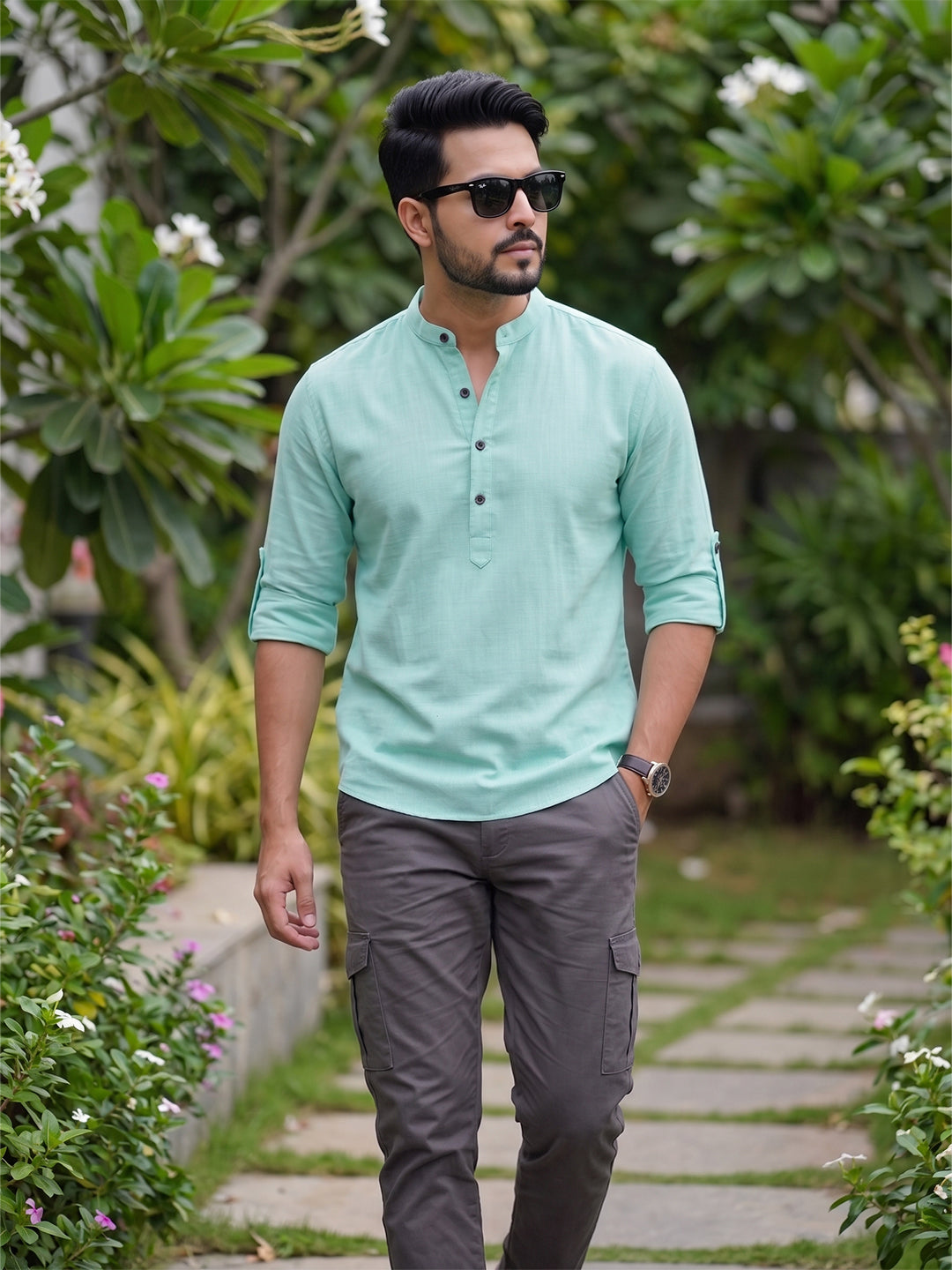 RAY LIGHT Men's Urban Fusion 100% Cotton Solid Short Kurta – Mandarin Collar with Roll-Up Sleeves