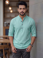 RAY LIGHT Men's Urban Fusion 100% Cotton Solid Short Kurta – Mandarin Collar with Roll-Up Sleeves