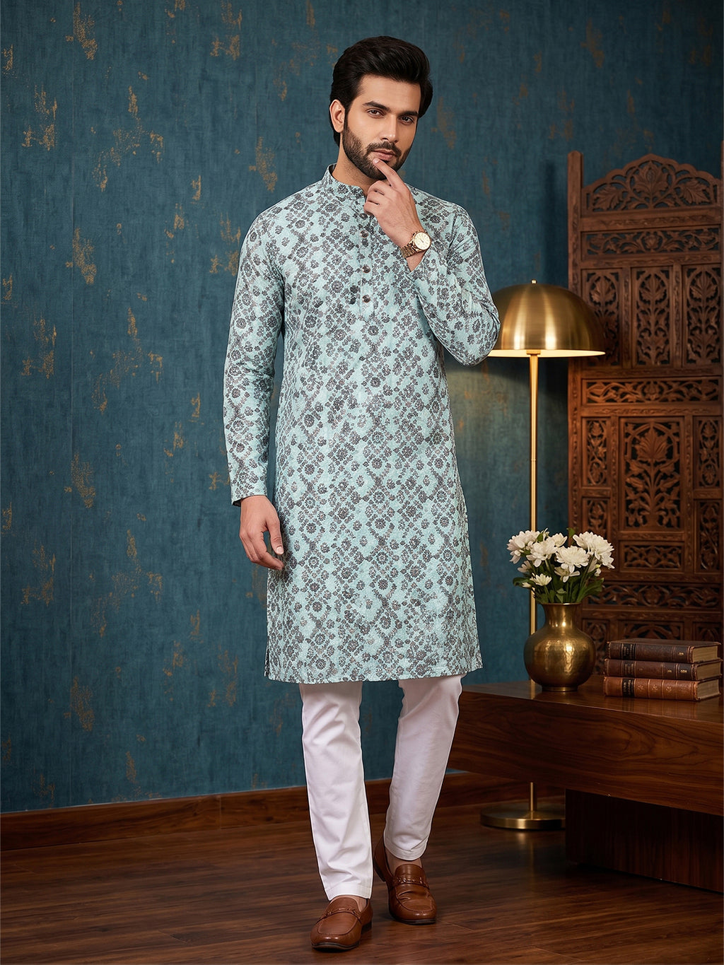 RAY LIGHT Men's Premium Crochet Fabric Geometric Long Kurta – Aqua Mint