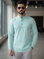 RAY LIGHT Men's Essential Solid Cotton Short Kurta – Soft Peach Orange with Cuffless Sleeves