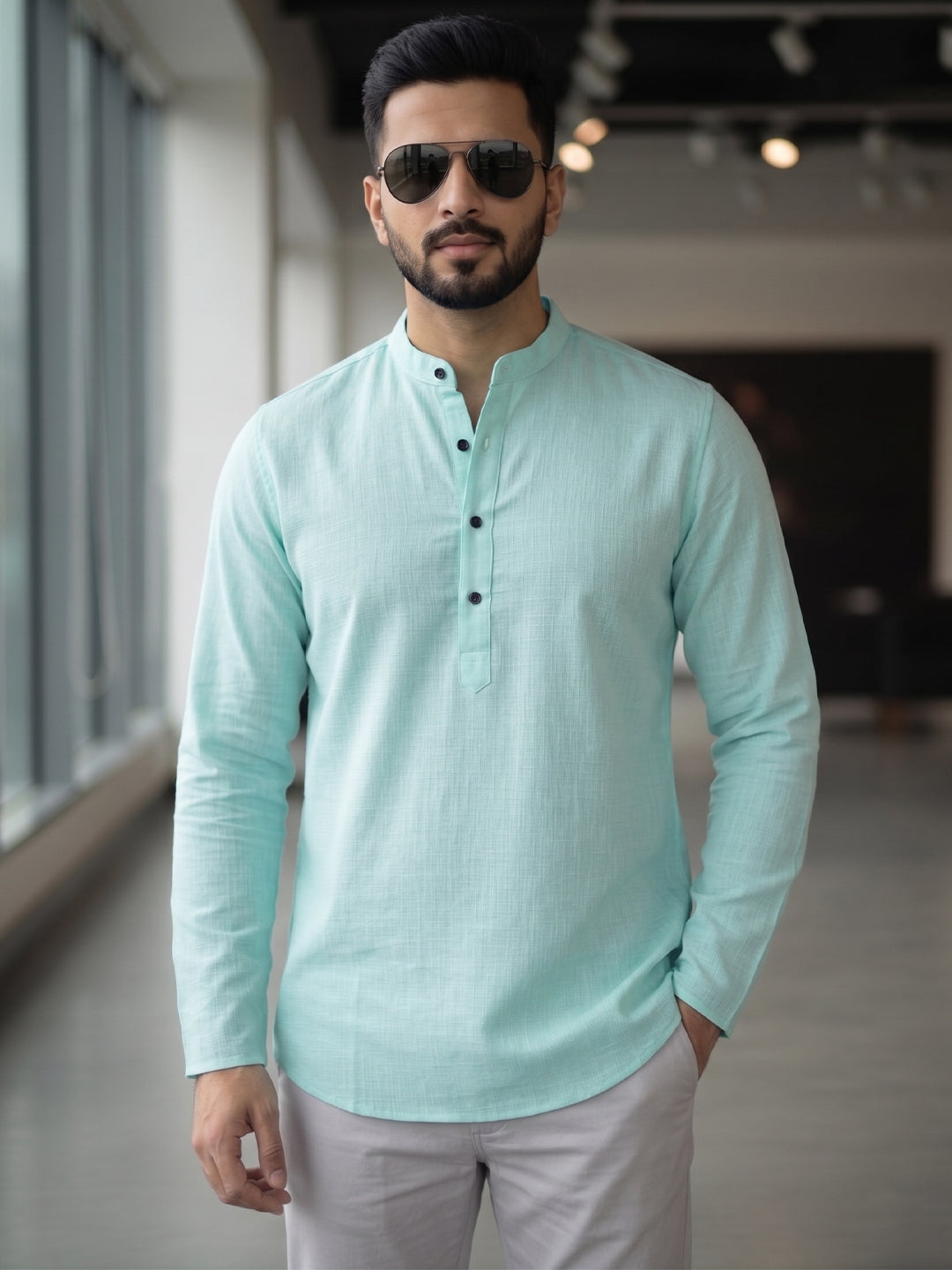 RAY LIGHT Men's Essential Solid Cotton Short Kurta – Soft Peach Orange with Cuffless Sleeves