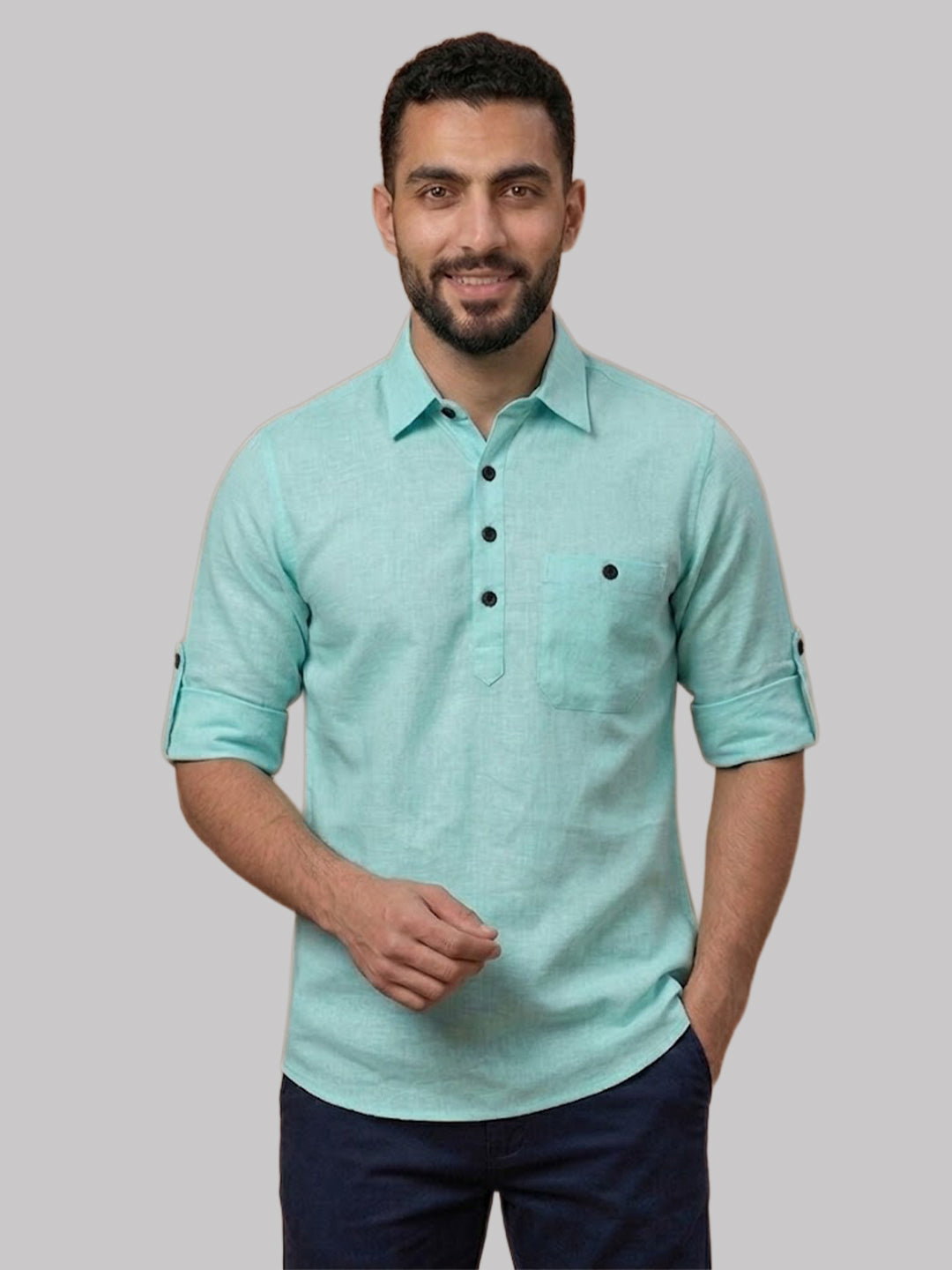 RAY LIGHT Men's Essential Solid Cotton Short Kurta – Mint Green with Roll-Up Sleeves Secondary image