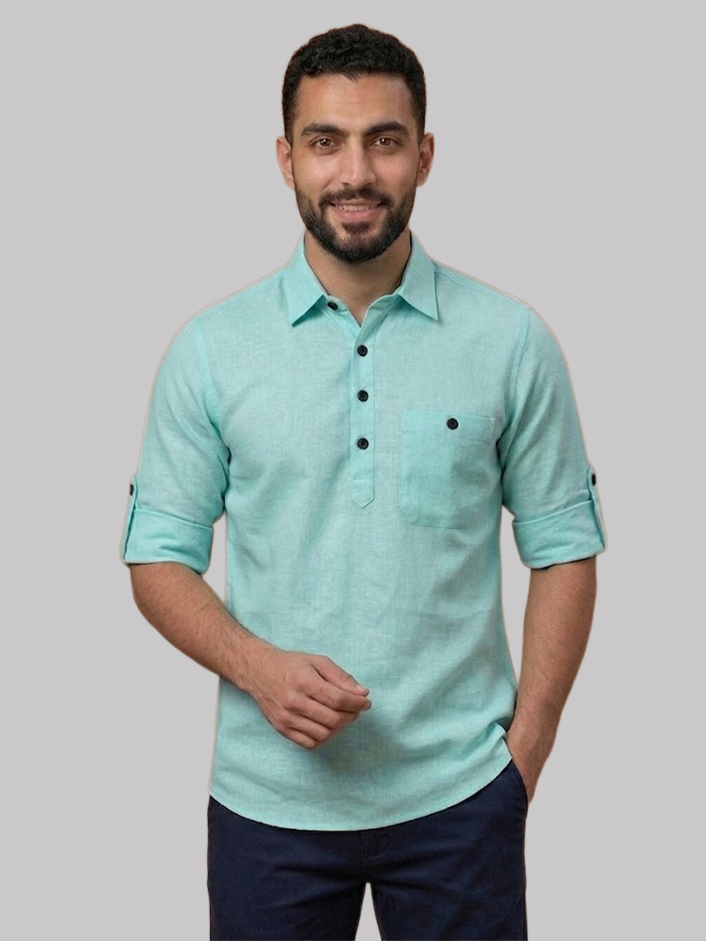RAY LIGHT Men's Essential Solid Cotton Short Kurta – Mint Green with Roll-Up Sleeves