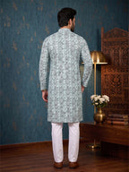 RAY LIGHT Men's Premium Crochet Fabric Geometric Long Kurta – Aqua Mint
