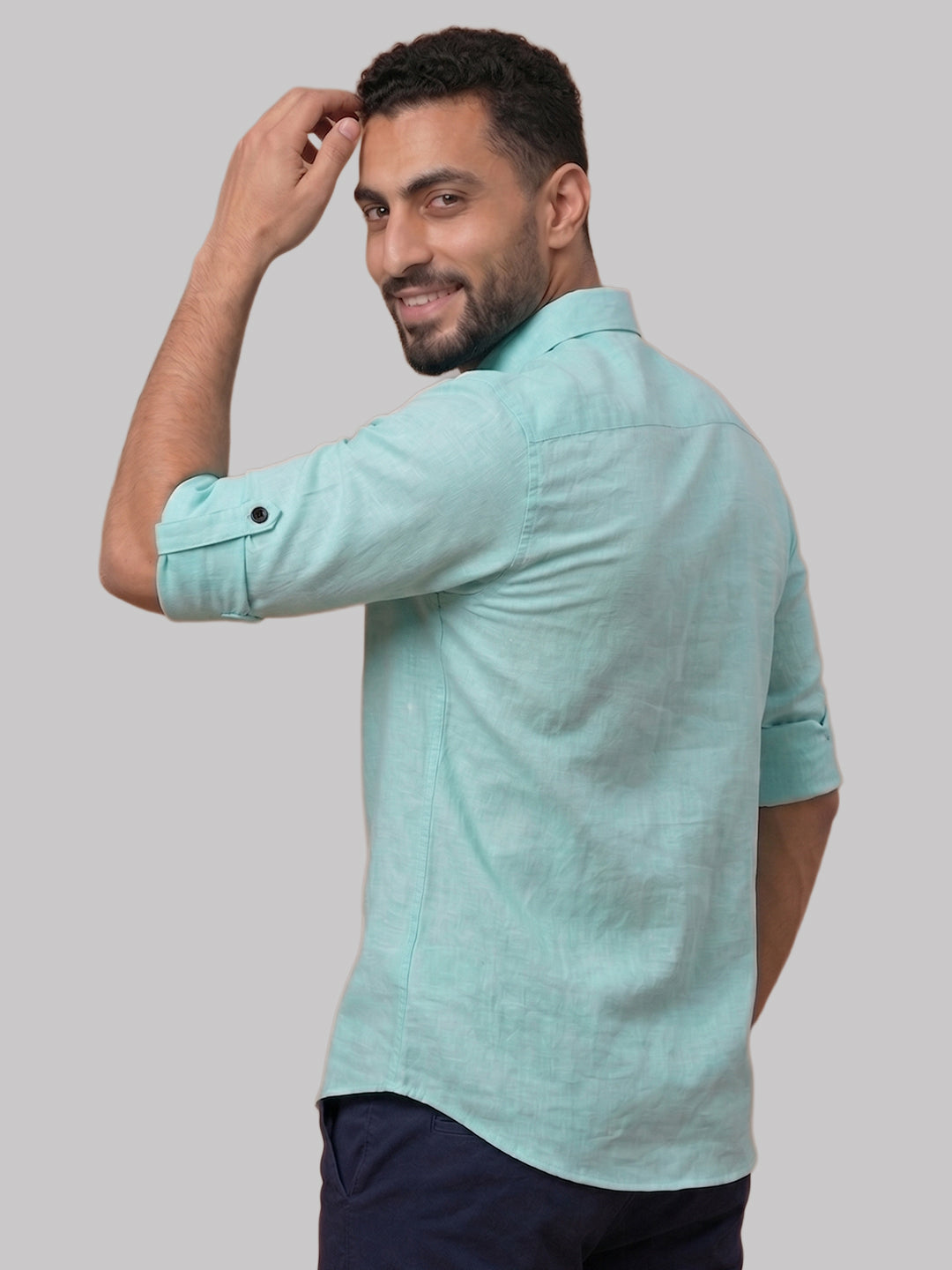 RAY LIGHT Men's Essential Solid Cotton Short Kurta – Mint Green with Roll-Up Sleeves