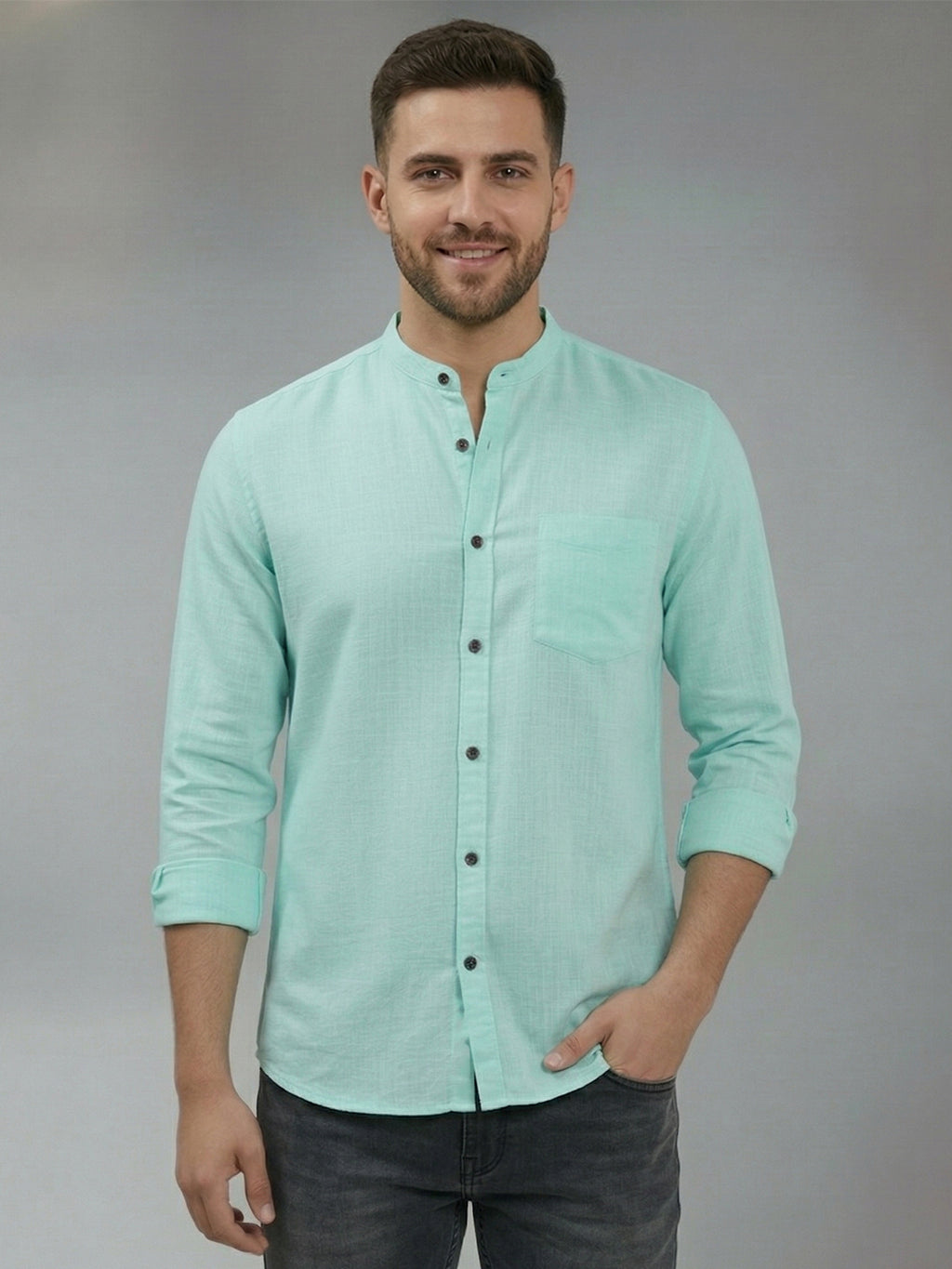 RAY LIGHT Men's Signature Solid Casual Shirt – Chinese Collar with Chest Pocket