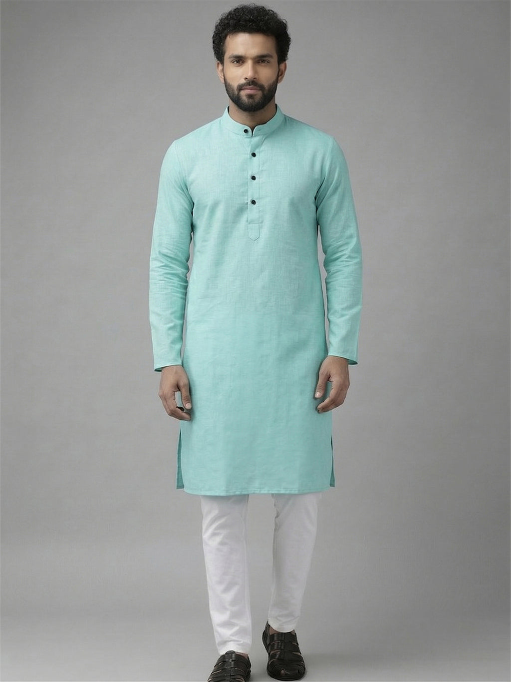 RAY LIGHT Men's Classic Solid Cotton Long Kurta – Dark Green with Dual Side Pockets