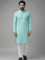 RAY LIGHT Men's Classic Solid Cotton Long Kurta – Dark Green with Dual Side Pockets